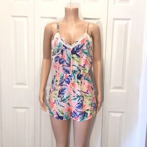 Spiaggia Dolce Womens Pink Leaf Print Tropical Sleeveless Romper Size Large